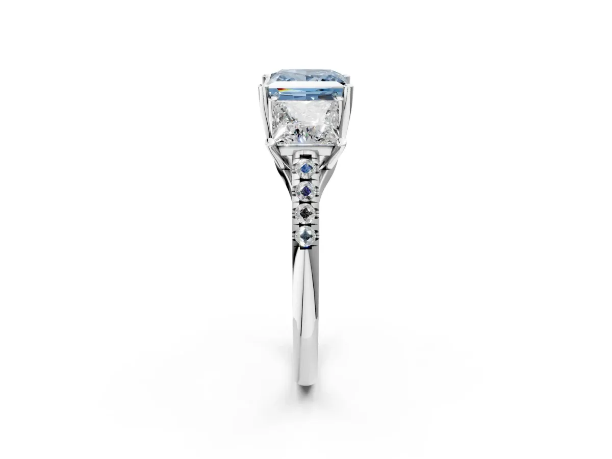 Fancy Blue Three-Stone Princess Cut Diamond Ring with Round Pavé Band and Prong Setting Silver