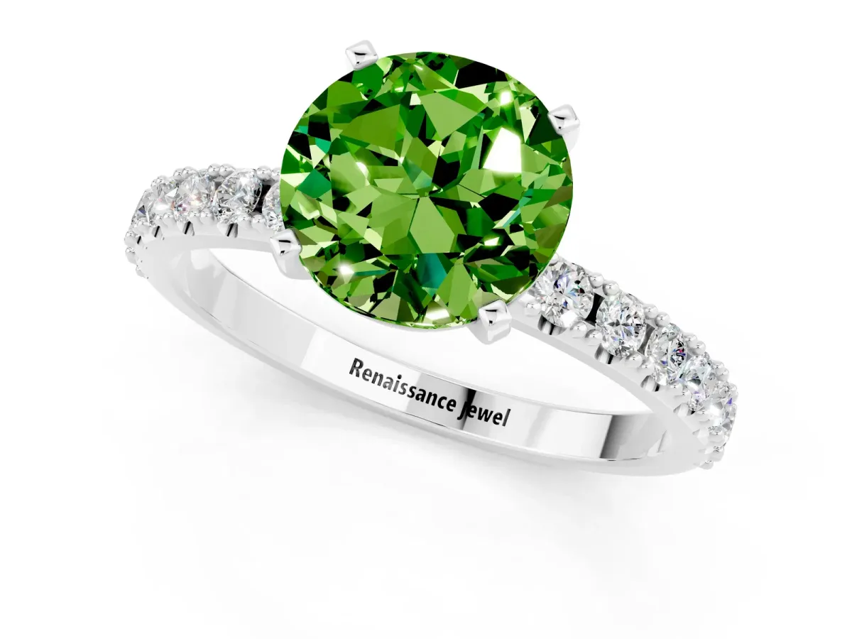 Round Cut Peridot Solitaire Pavé Band with Four-Prong Setting Silver