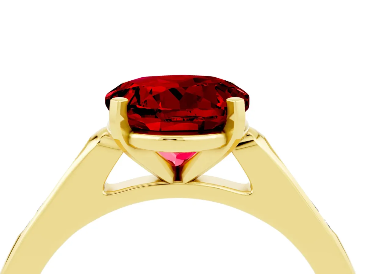 Round Cut Ruby Solitaire Ring with Channel Set Round Band and Prong Setting Yellow gold