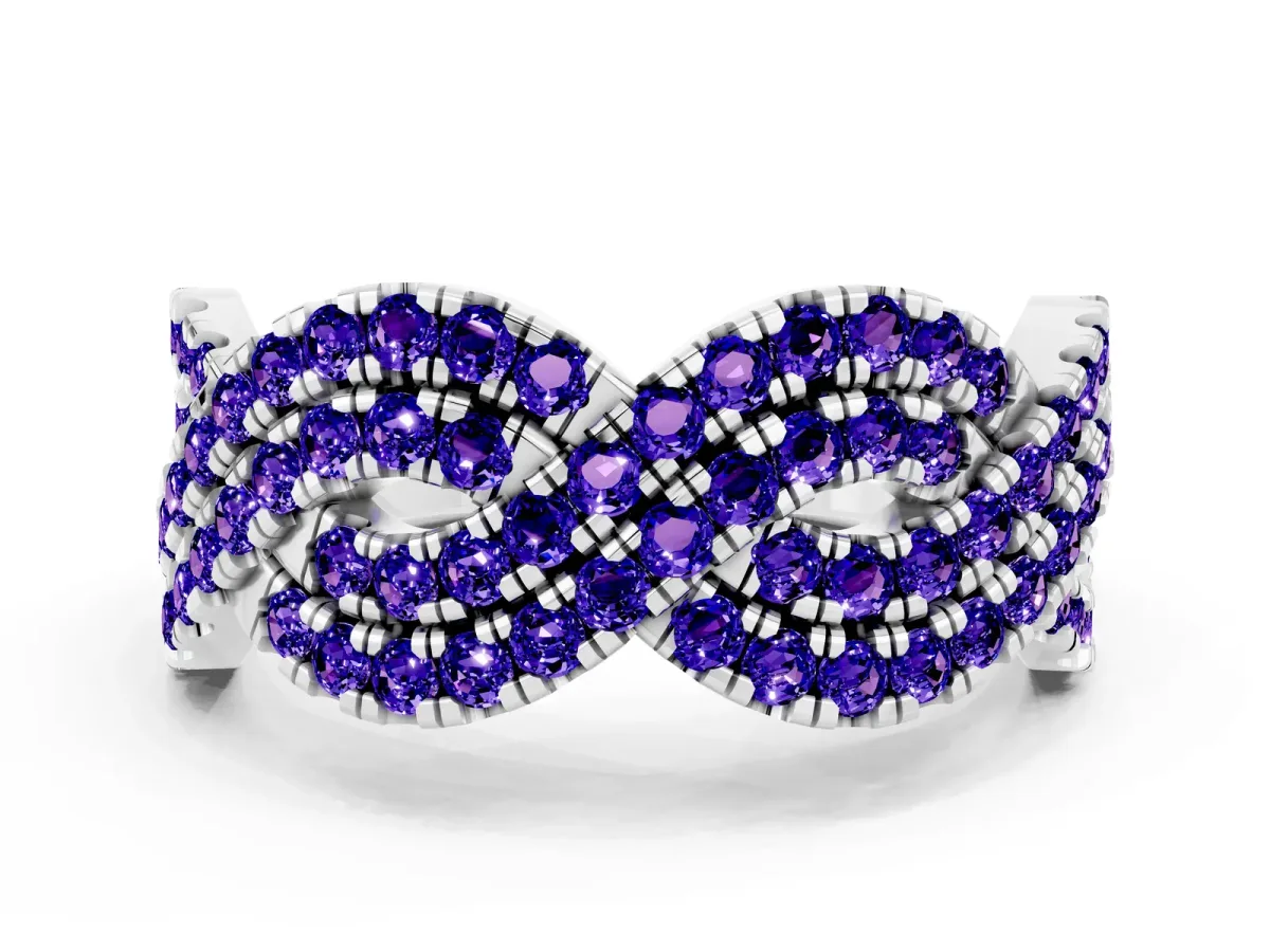 Pavé Round Tanzanite Infinity Twist Band with Shared Prong Setting White gold