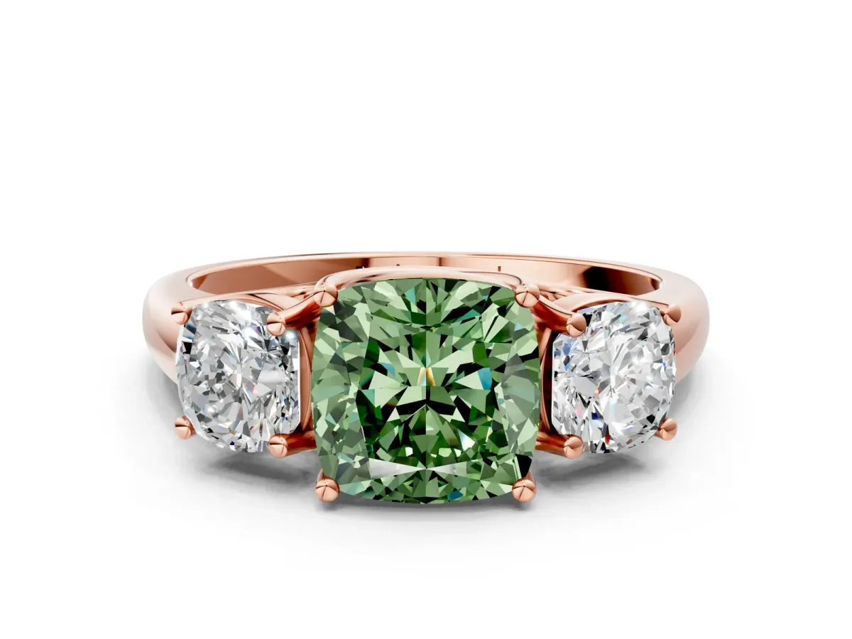 Fancy Green Three-Stone Cushion Cut Diamond Engagement Ring with Prong Setting Rose gold