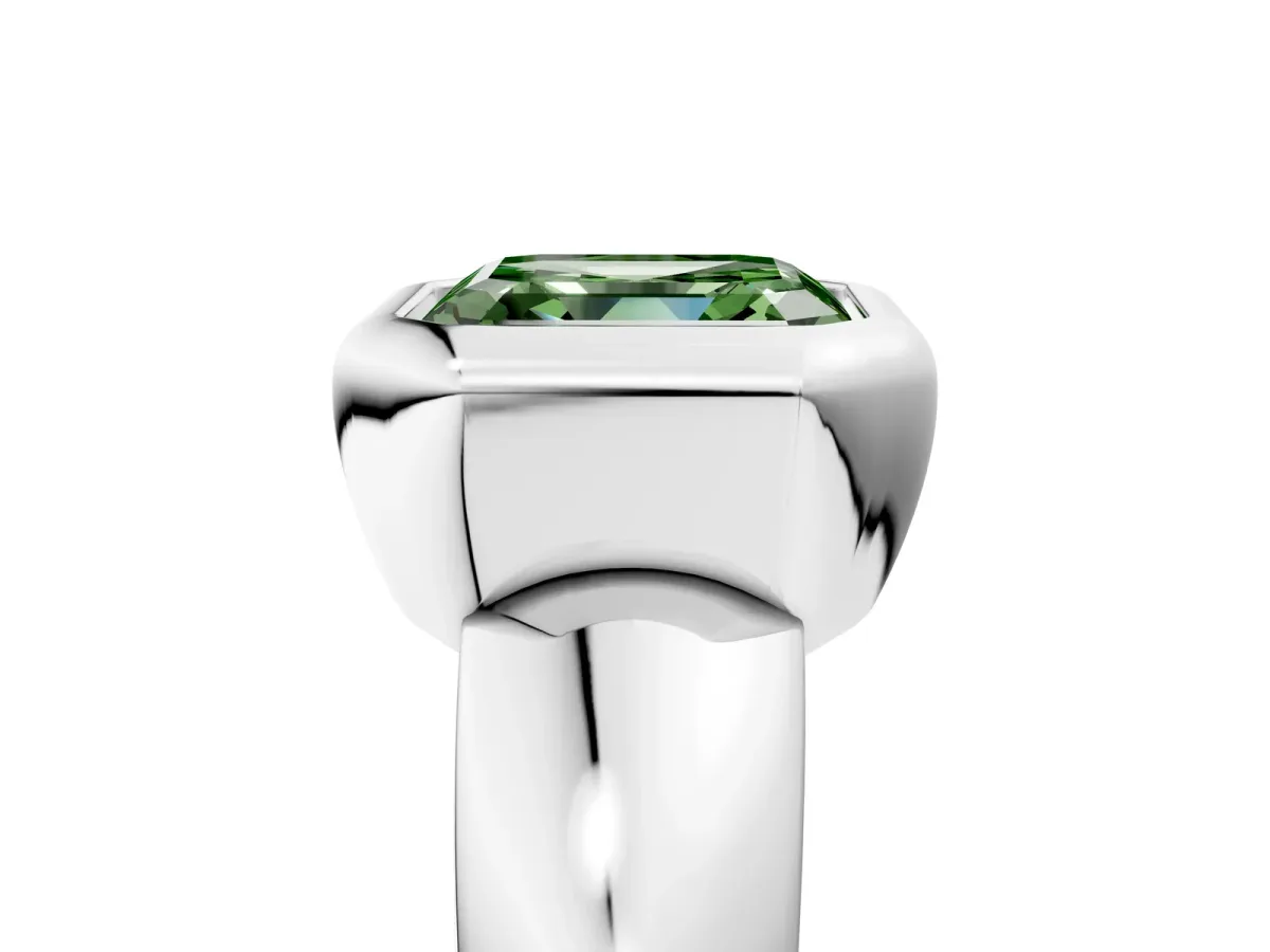 Fancy Green Bezel Set Asscher Cut Solitaire Ring with Wide Band Platinum