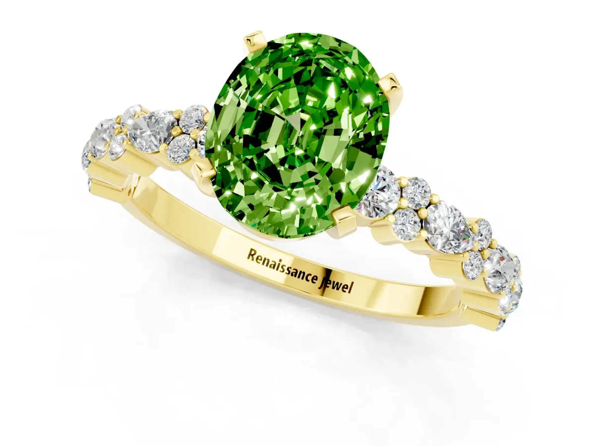 Oval Cut Peridot Side Stone Solitaire Ring with Round and Four-Prong Setting Yellow gold