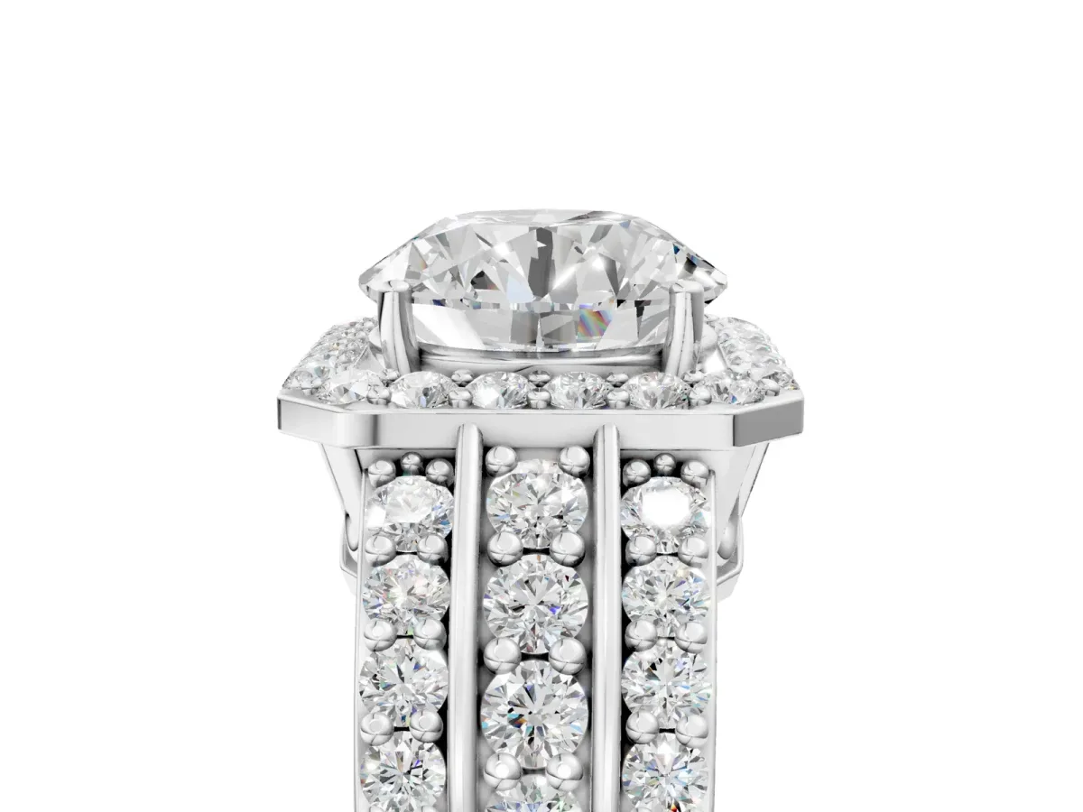 Round Cut Halo Diamond Ring with Round Tanzanite Split Shank and Prong Setting Platinum