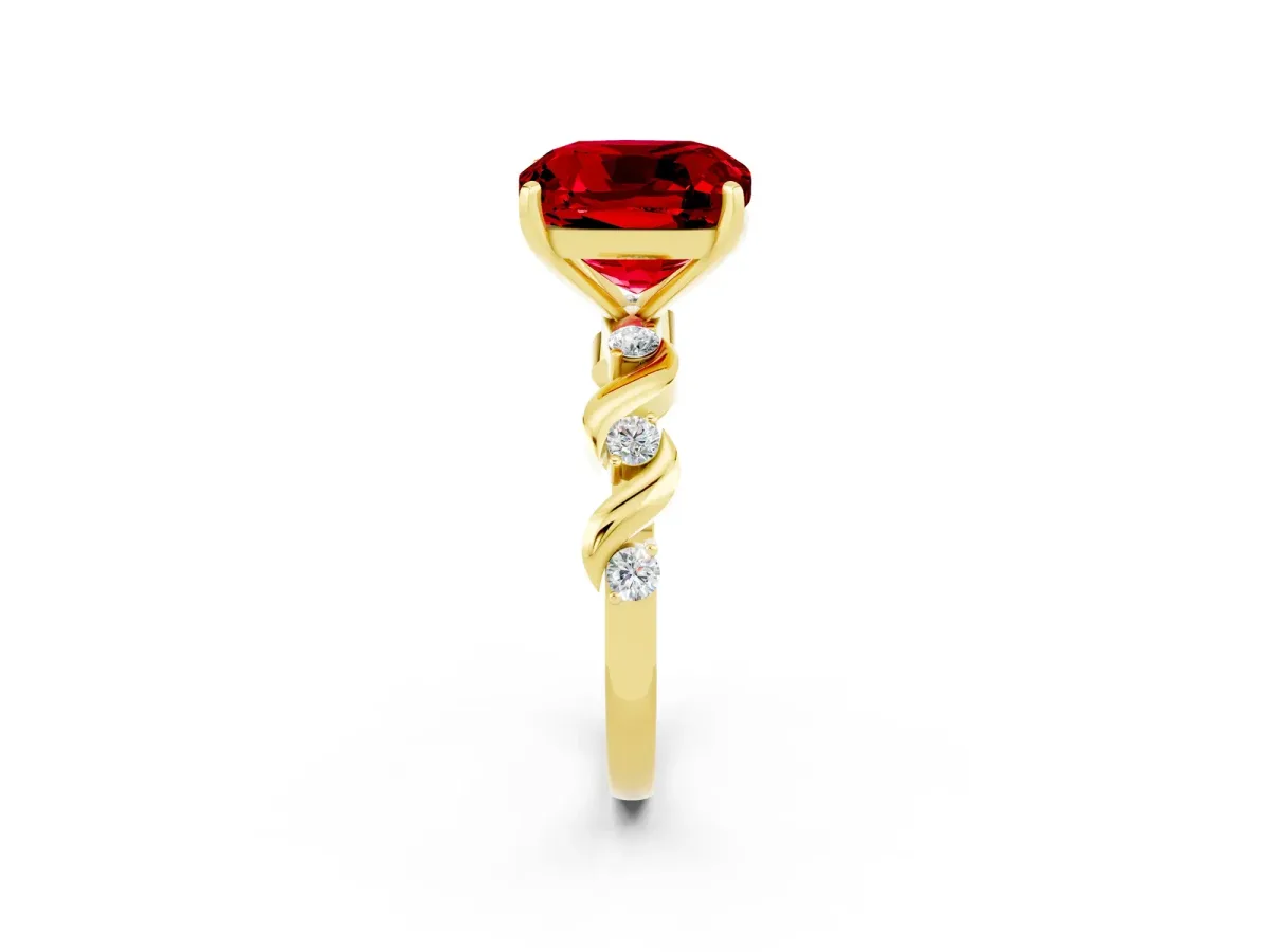 Cushion Cut Ruby Solitaire Twisted Band with Round Accents and Prong Setting Yellow gold