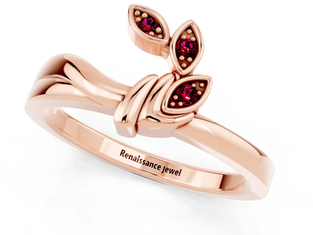 Three-Stone Round Garnet Leaf Bypass Ring with Bezel Setting Rose gold