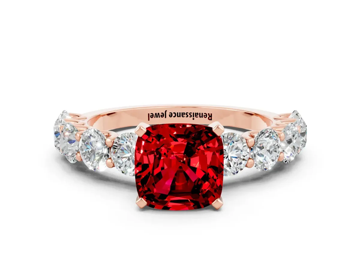 Cushion Cut Ruby Prong Setting with Side Stones on a Pave Band Rose gold