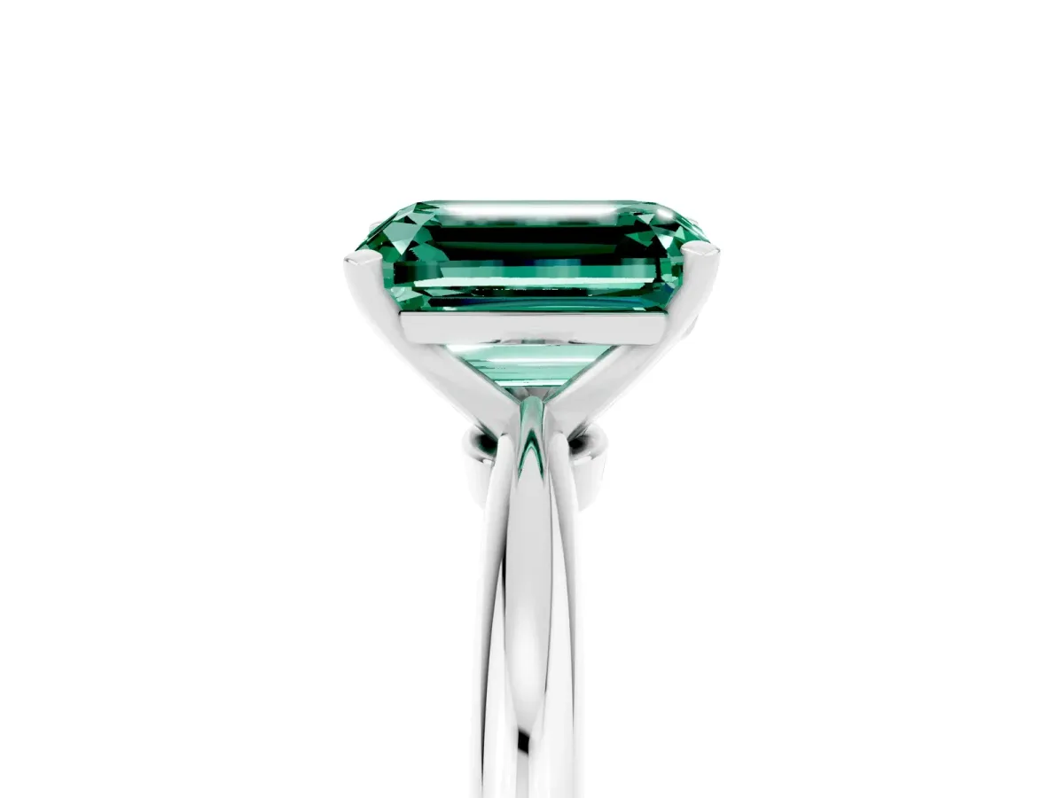 Emerald Cut Green Sapphire Solitaire Ring with Six-Prong Setting and Classic Band Silver