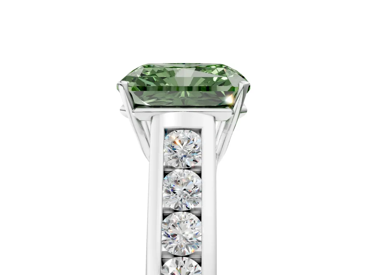 Fancy Green Radiant Cut Brilliant Channel-Set Solitaire Ring with Four-Prong Setting Platinum