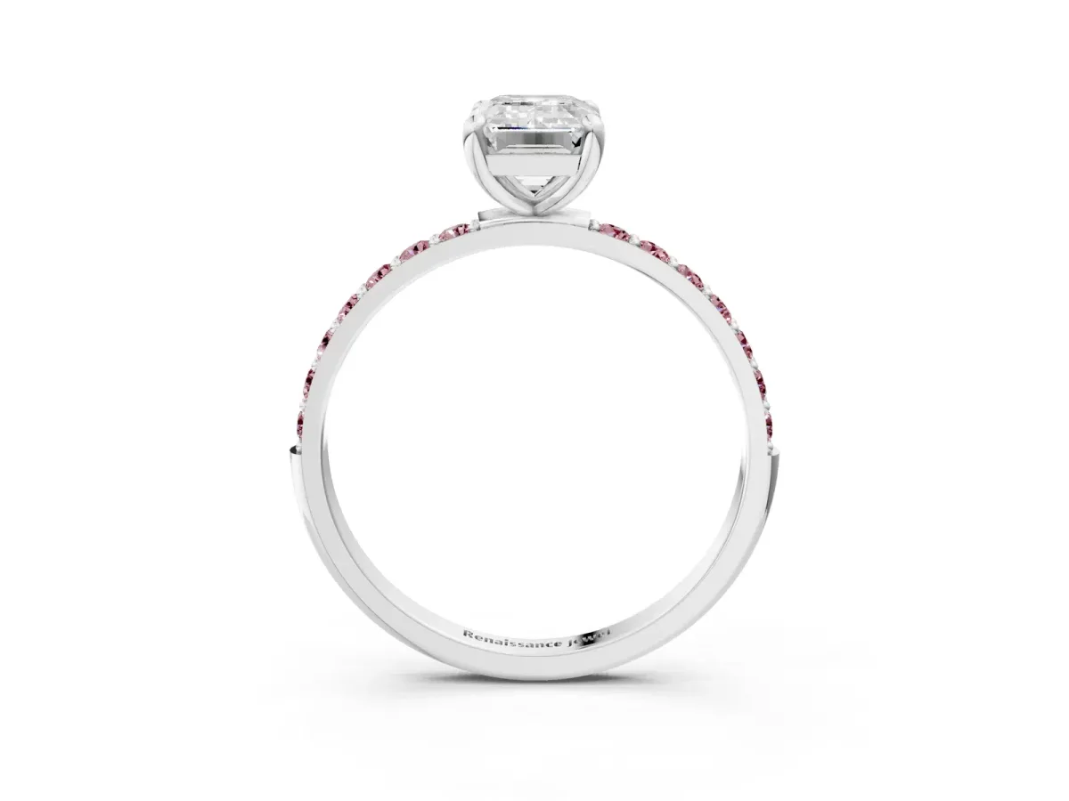 Emerald Cut Diamond Solitaire Ring with Round Morganite Pavé Band and Prong Setting Silver