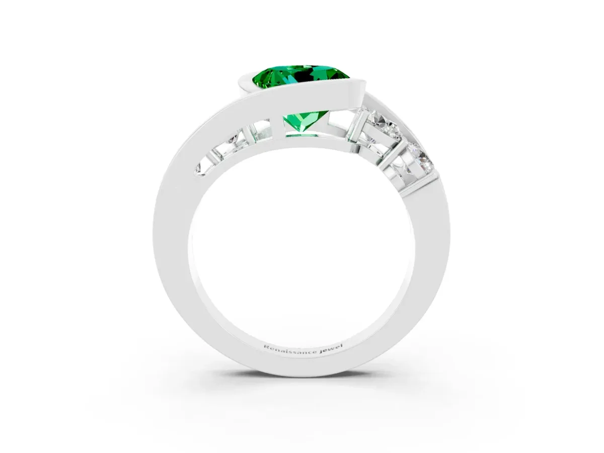 Bezel Set Round Cut Emerald Bypass Ring with Round Accents Silver