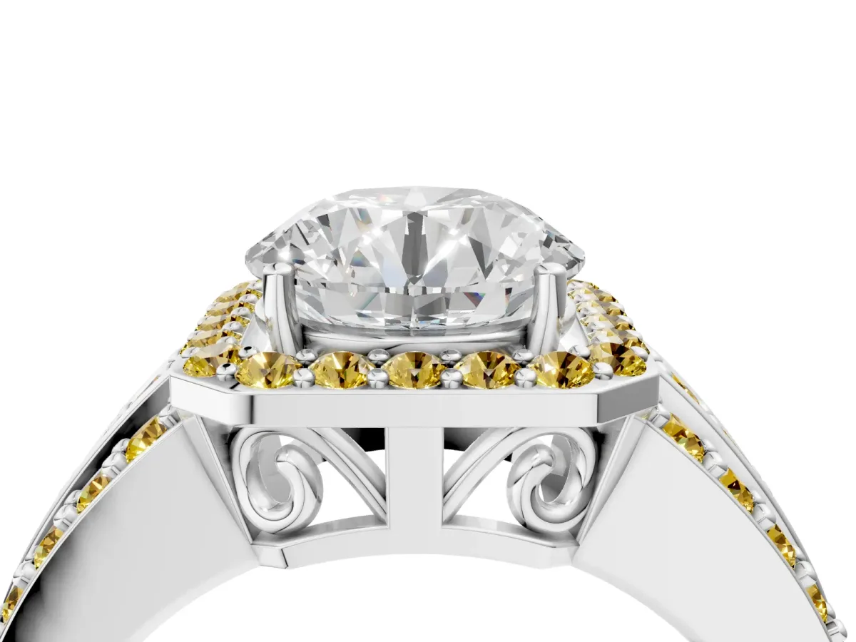 Round Cut Halo Diamond Ring with Round Yellow Sapphire Split Shank and Prong Setting Silver