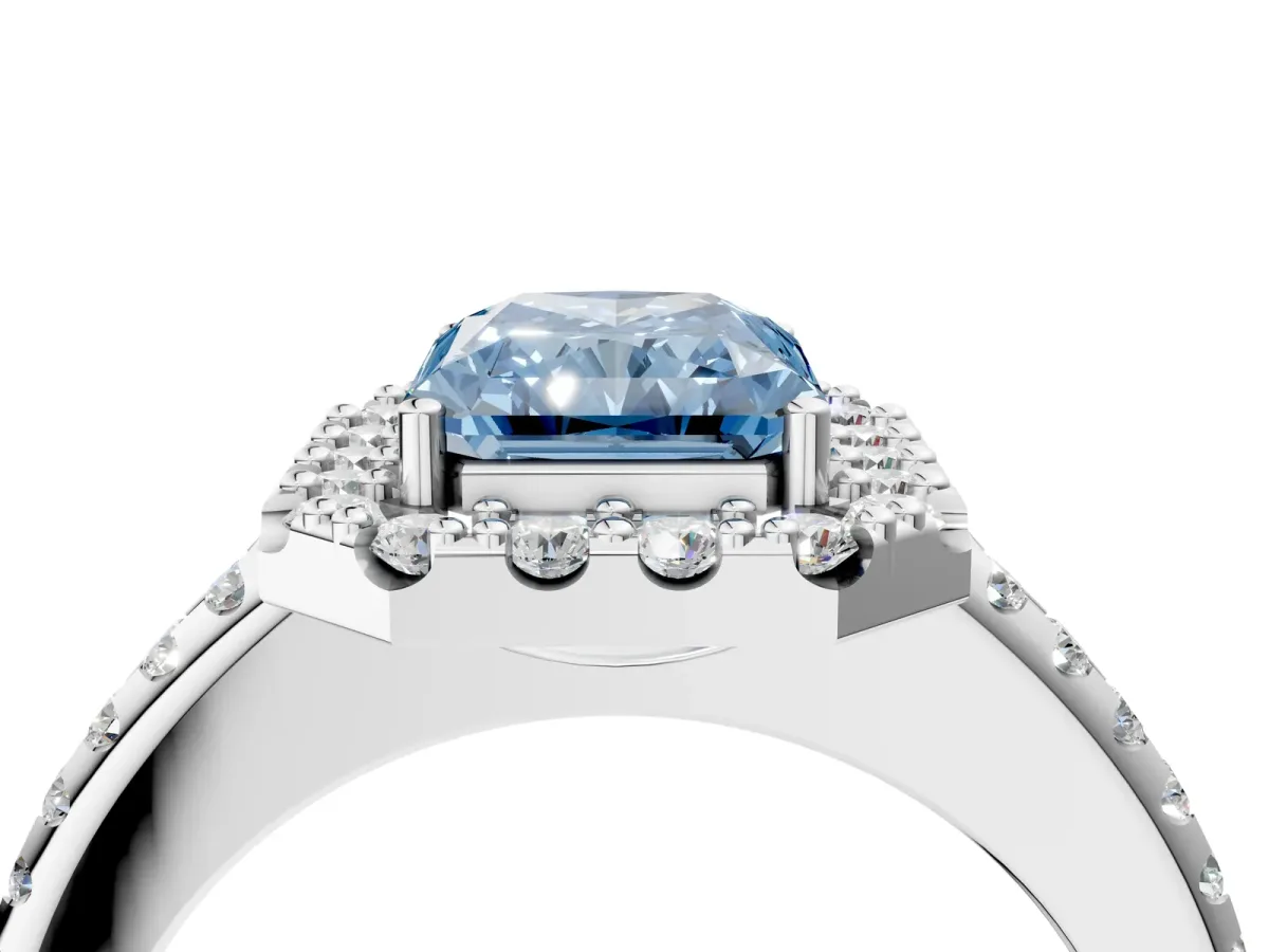 Fancy Blue Radiant Cut Diamond Pavé Halo Ring with Four-Prong Setting Platinum