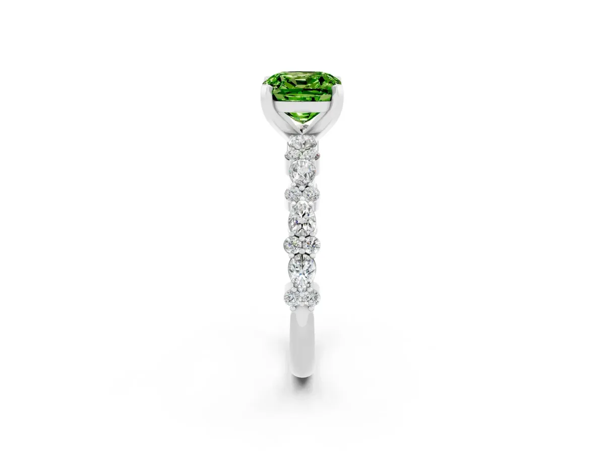 Cushion Cut Peridot Side Stone Solitaire Ring with Round and Four-Prong Setting Platinum