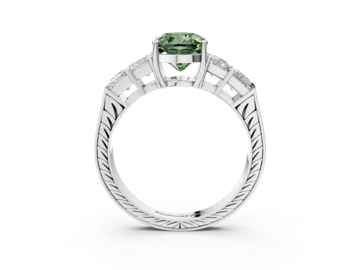 Fancy Green Cushion Cut Solitaire Princess Side Stone Engraved Band Prong Setting Ring Platinum