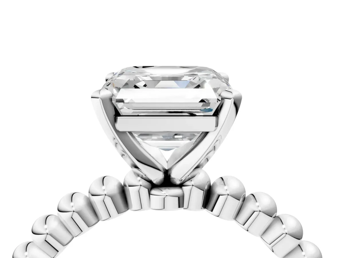 Asscher Cut Diamond Solitaire Ring with Beaded Band and Prong Setting Platinum