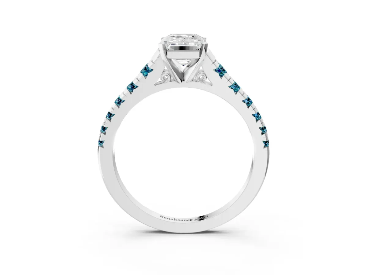 Emerald Cut Diamond Cathedral Solitaire Ring with Round Blue Topaz Pavé Band Silver