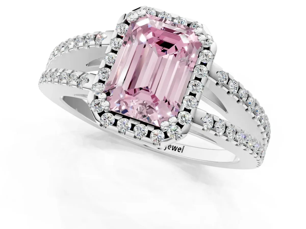 Fancy Pink Emerald Cut Diamond Halo Split Shank Engagement Ring Platinum