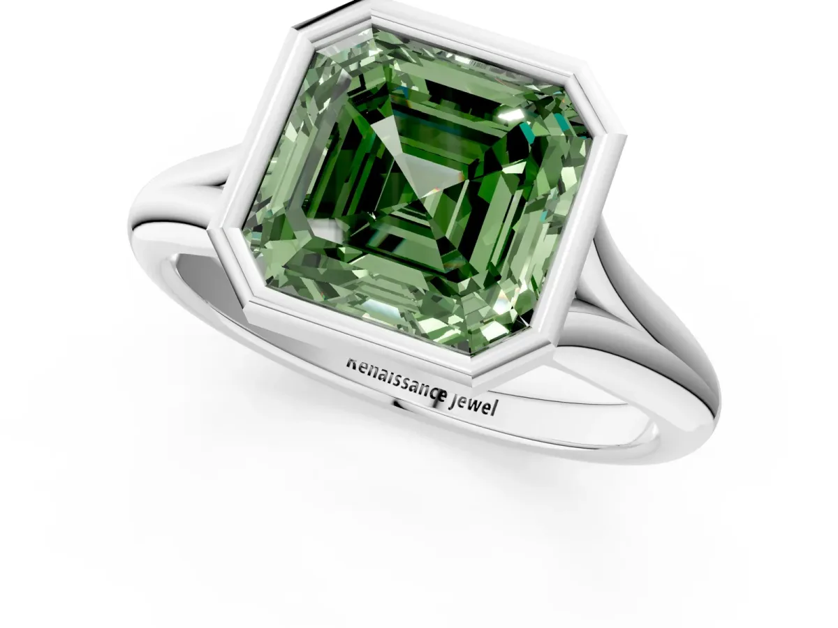 Fancy Green Bezel Set Asscher Cut Solitaire Diamond Ring with Smooth Band Platinum