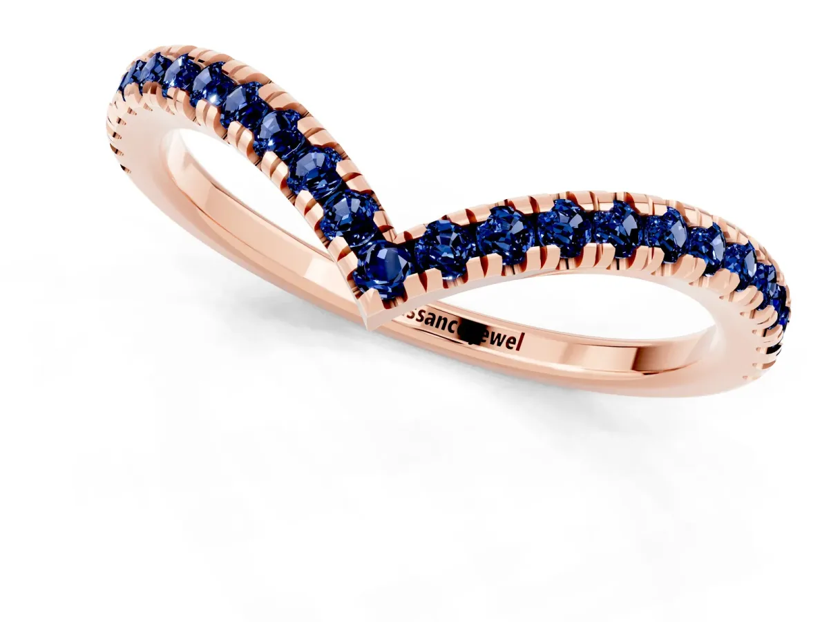 Pavé Round Blue Sapphire V-Shaped Chevron Band with Shared Prong Setting Rose gold