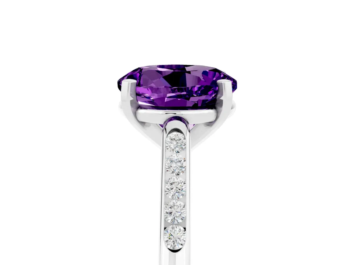 Round Cut Amethyst Solitaire Ring with Channel Set Round Band and Prong Setting Platinum