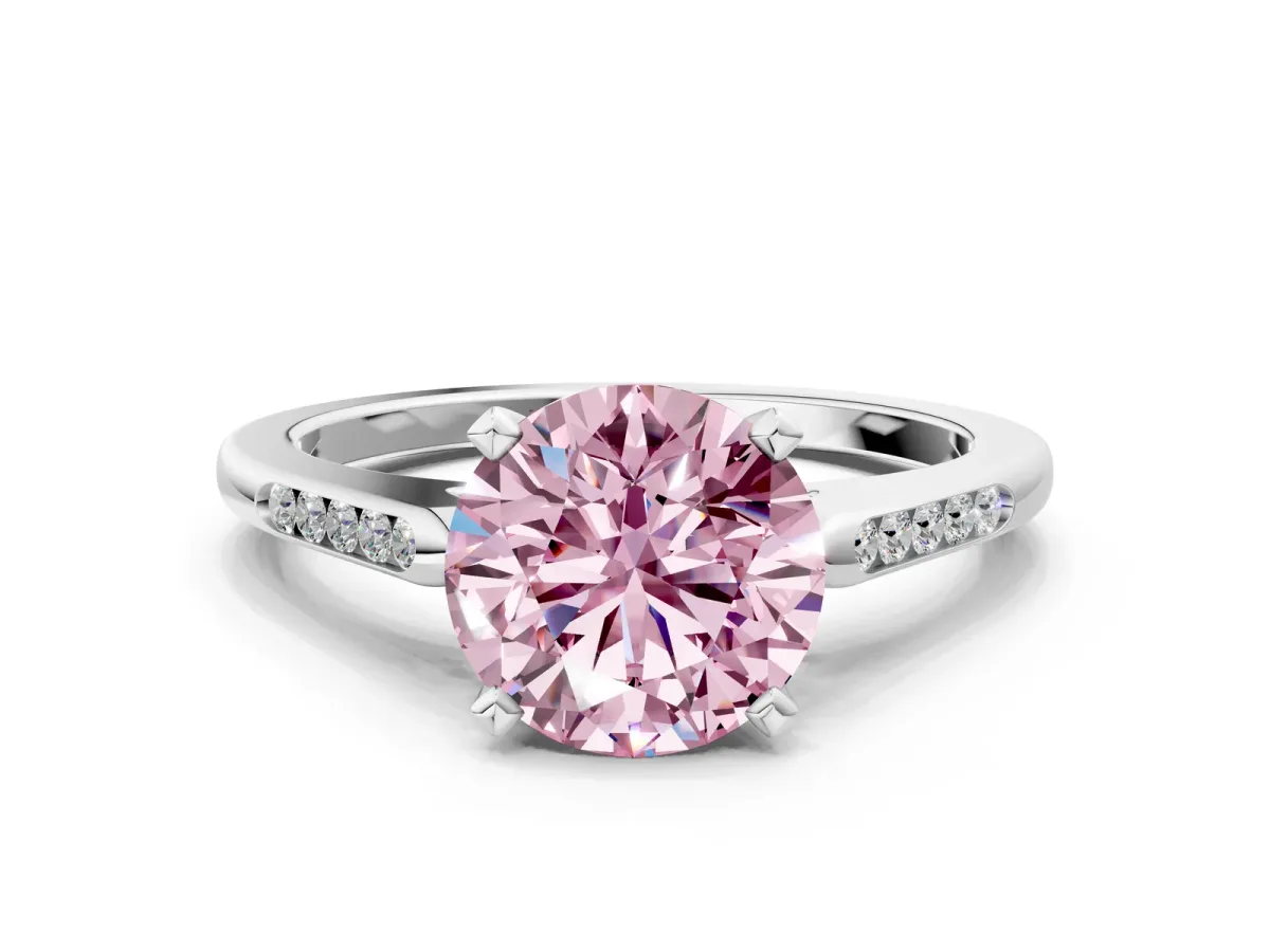 Fancy Pink Round Cut Diamond Solitaire Ring with Channel Set Round Band and Prong Setting Silver