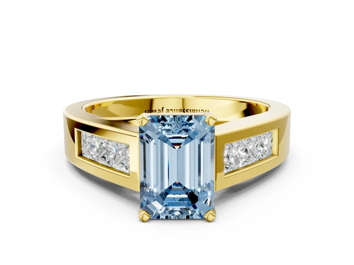 Fancy Blue Emerald Cut Cut Channel Set Solitaire Ring with Four-Prong Setting Yellow gold