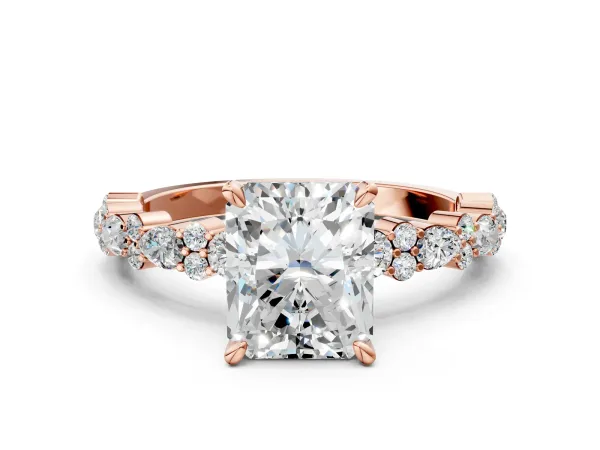 Radiant Cut Diamond Side Stone Solitaire Ring with Round Moissanite and Four-Prong Setting Rose gold