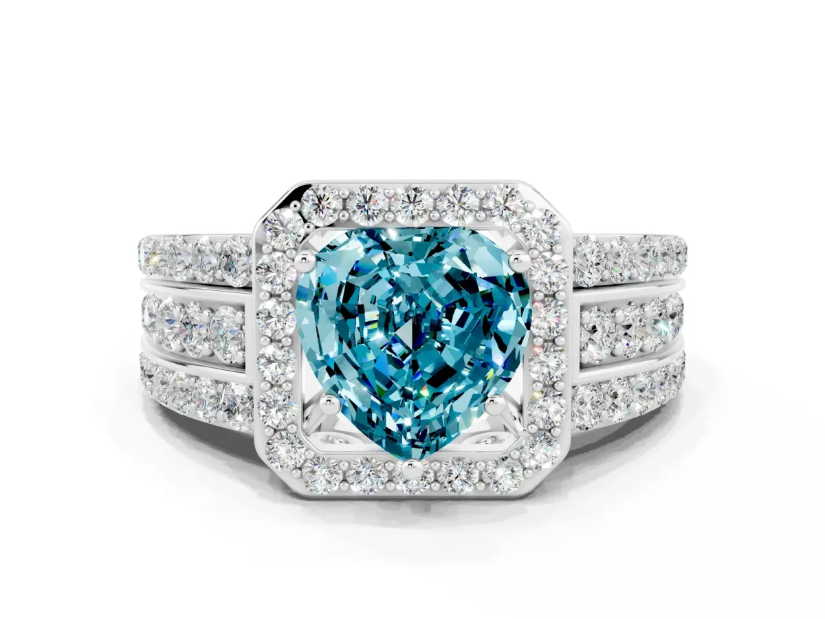 Heart Cut Halo Blue Topaz Ring with Round Split Shank and Prong Setting Silver