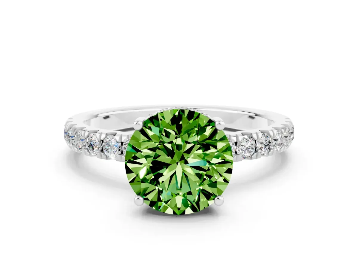 Round Cut Peridot Pave Band Solitaire Ring with Round and Prong Setting Silver