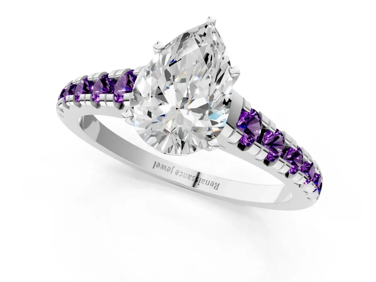 Pear Cut Diamond Cathedral Solitaire Ring with Round Amethyst Pavé Band Platinum