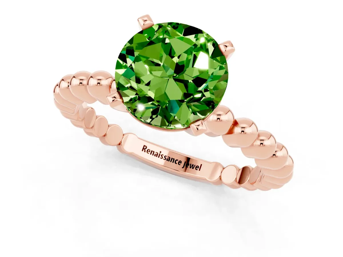Round Cut Peridot Solitaire Ring with Beaded Band and Prong Setting Rose gold