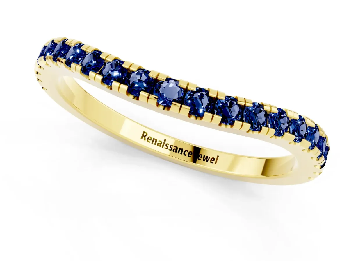 Round Blue Sapphire Pavé Half Eternity Band with Shared Prong Setting Yellow gold