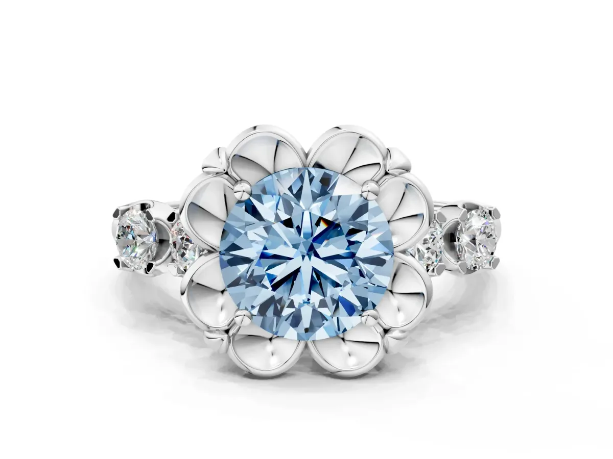 Fancy Blue Round Cut Cut Diamond Floral Halo Engagement Ring with Shared Prong Setting Silver
