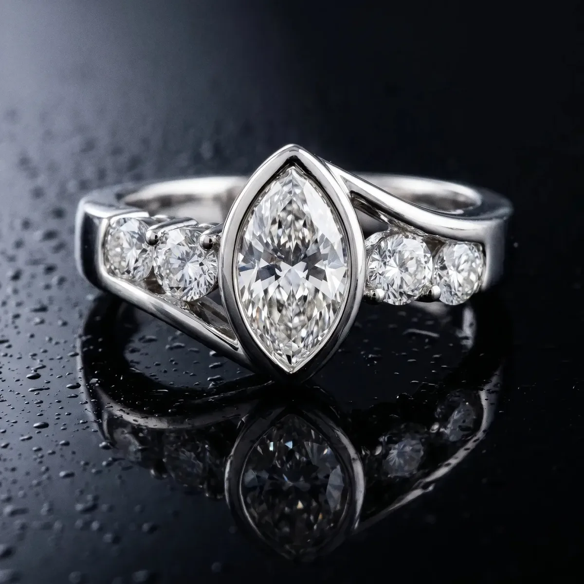 Bezel Set Marquise Cut Diamond Bypass Ring with Round Accents Silver