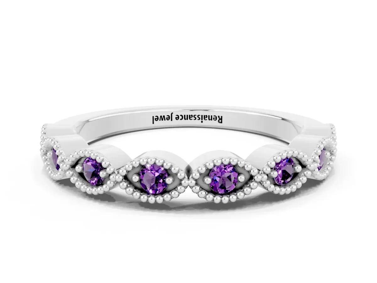 Milgrain Marquise Amethyst Half Eternity Band with Bezel Setting White gold