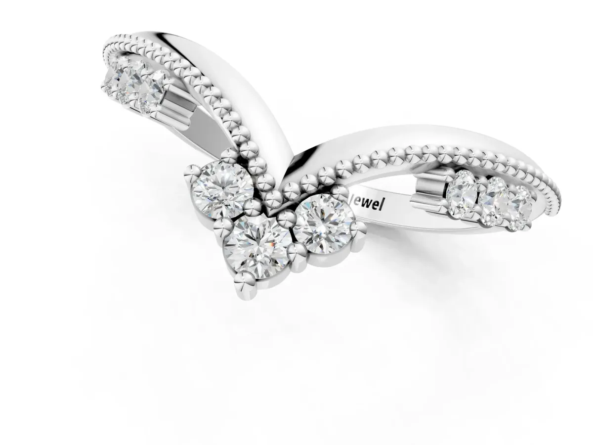 Diamond Chevron Milgrain Band with Round Cut Stones and Prong Setting Silver
