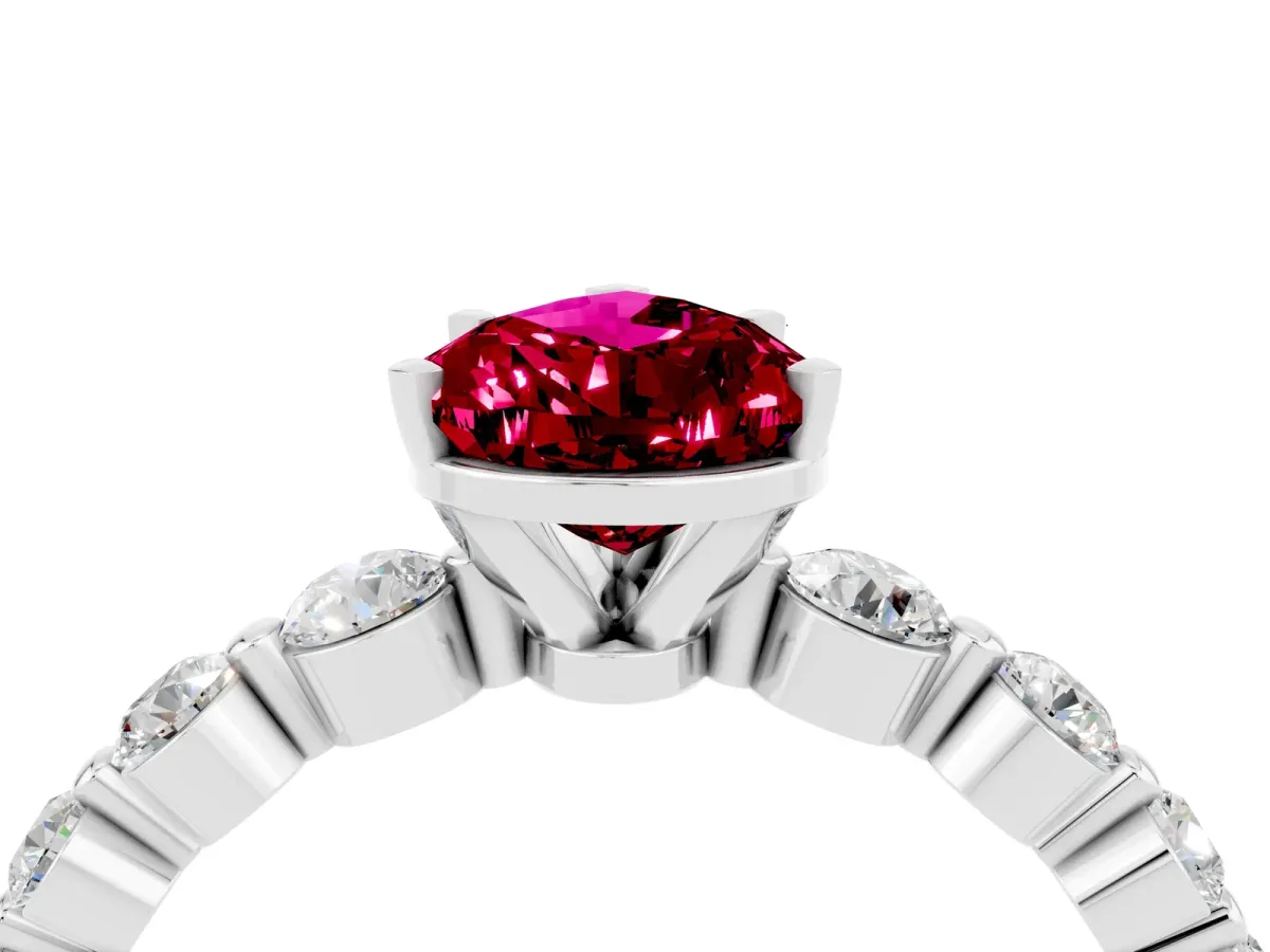 Pear Cut Solitaire Garnet Ring with Pave Band and Four-Prong Setting Platinum