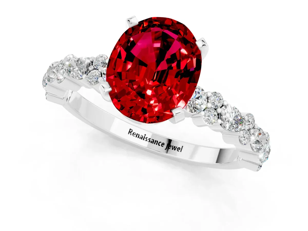 Oval Cut Ruby Side Stone Solitaire Ring with Round and Four-Prong Setting Platinum