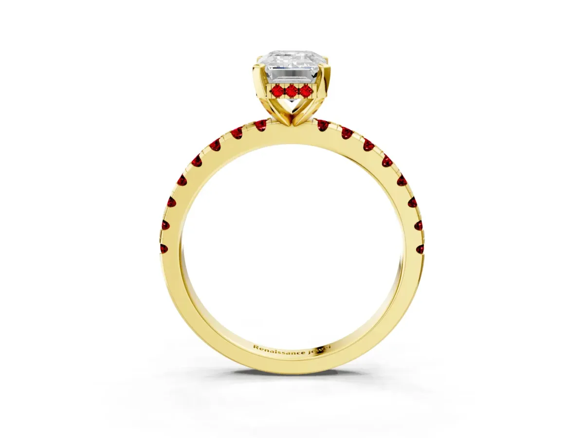 Emerald Cut Diamond Solitaire Ring with Round Ruby Pavé Band and Four-Prong Setting Yellow gold