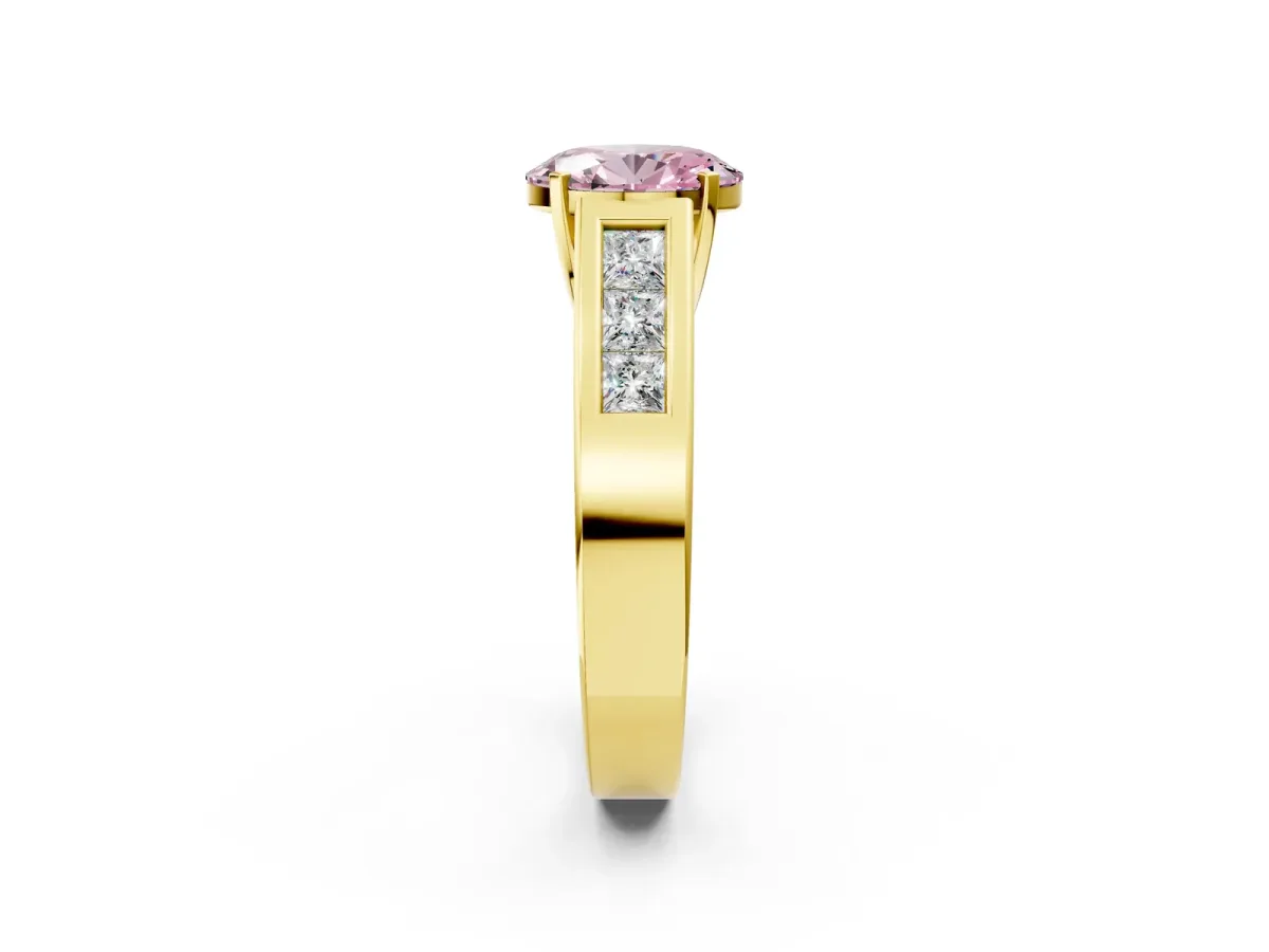 Fancy Pink Oval Cut Cut Channel Set Solitaire Ring with Four-Prong Setting Yellow gold