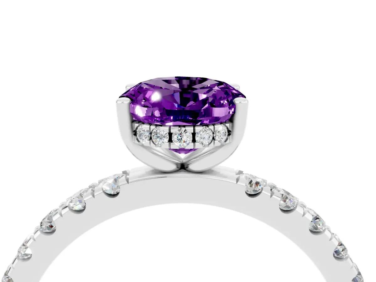 Oval Cut Amethyst Pave Band Solitaire Ring with Round and Prong Setting Platinum