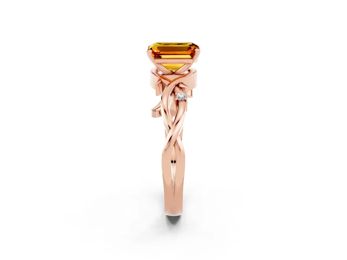 Emerald Cut Citrine Solitaire Ring with Twisted Band and Prong Setting Rose gold