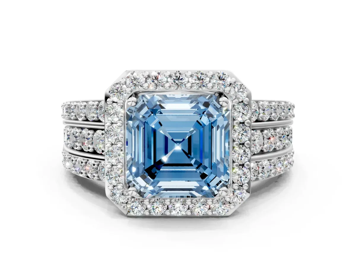 Fancy Blue Asscher Cut Halo Diamond Ring with Round Split Shank and Prong Setting Platinum