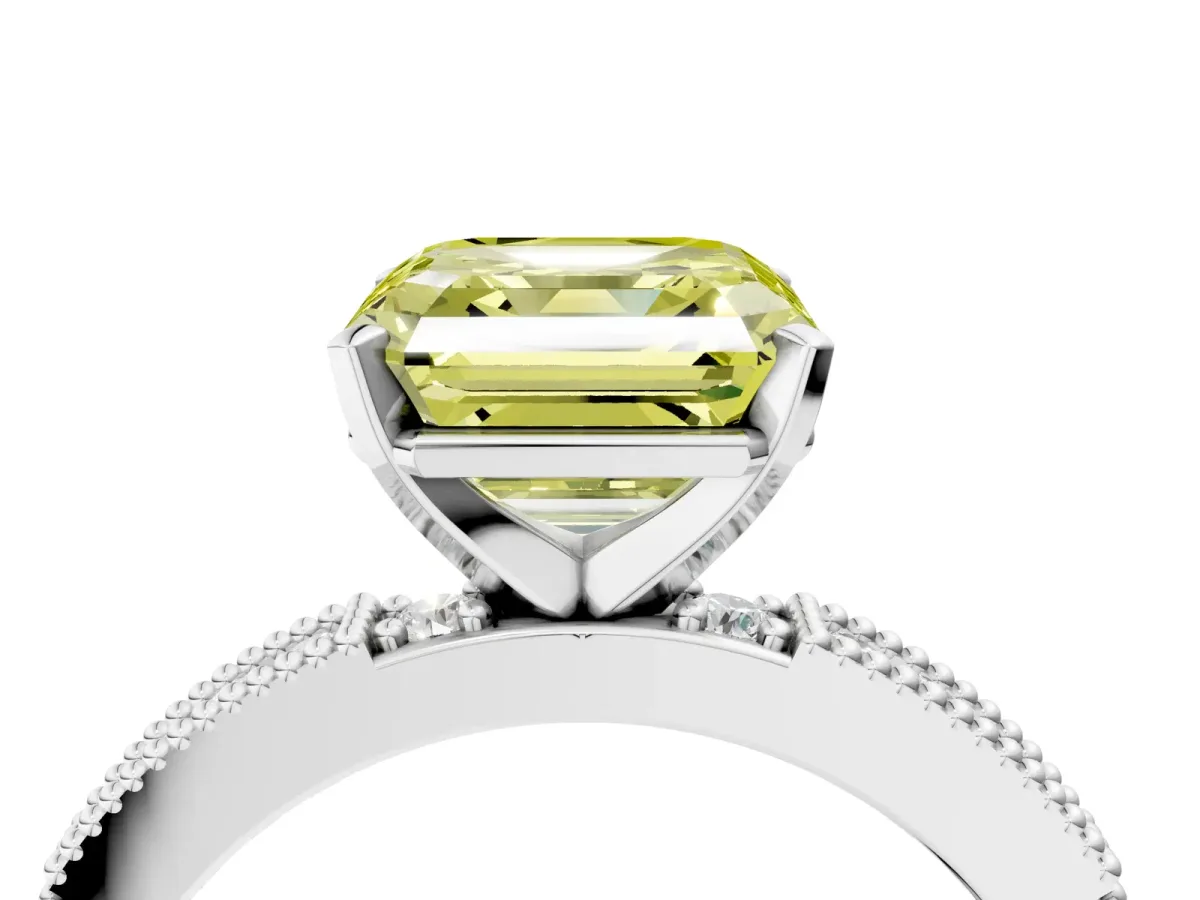 Fancy Yellow Asscher Cut Solitaire with Pavé Band and Four-Prong Setting Silver