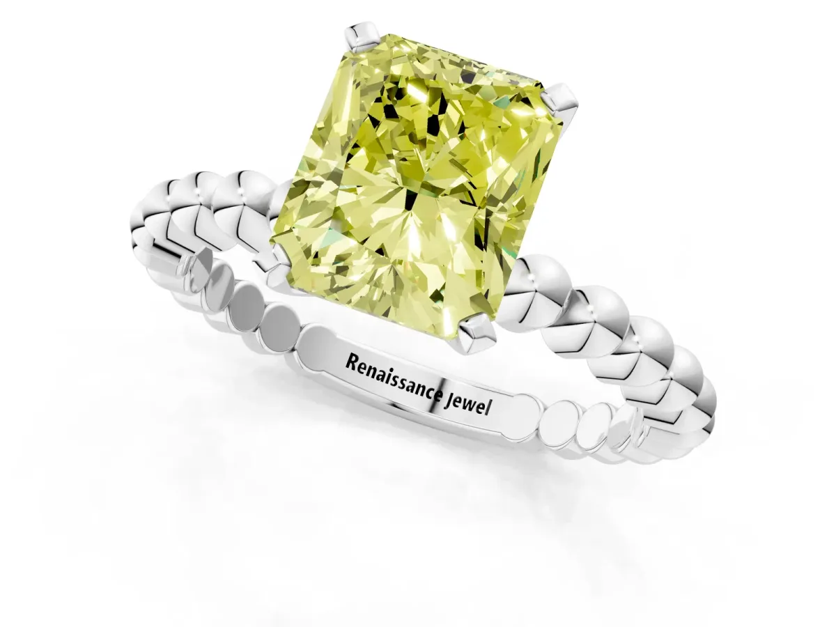 Fancy Yellow Radiant Cut Diamond Solitaire Ring with Beaded Band and Prong Setting Silver