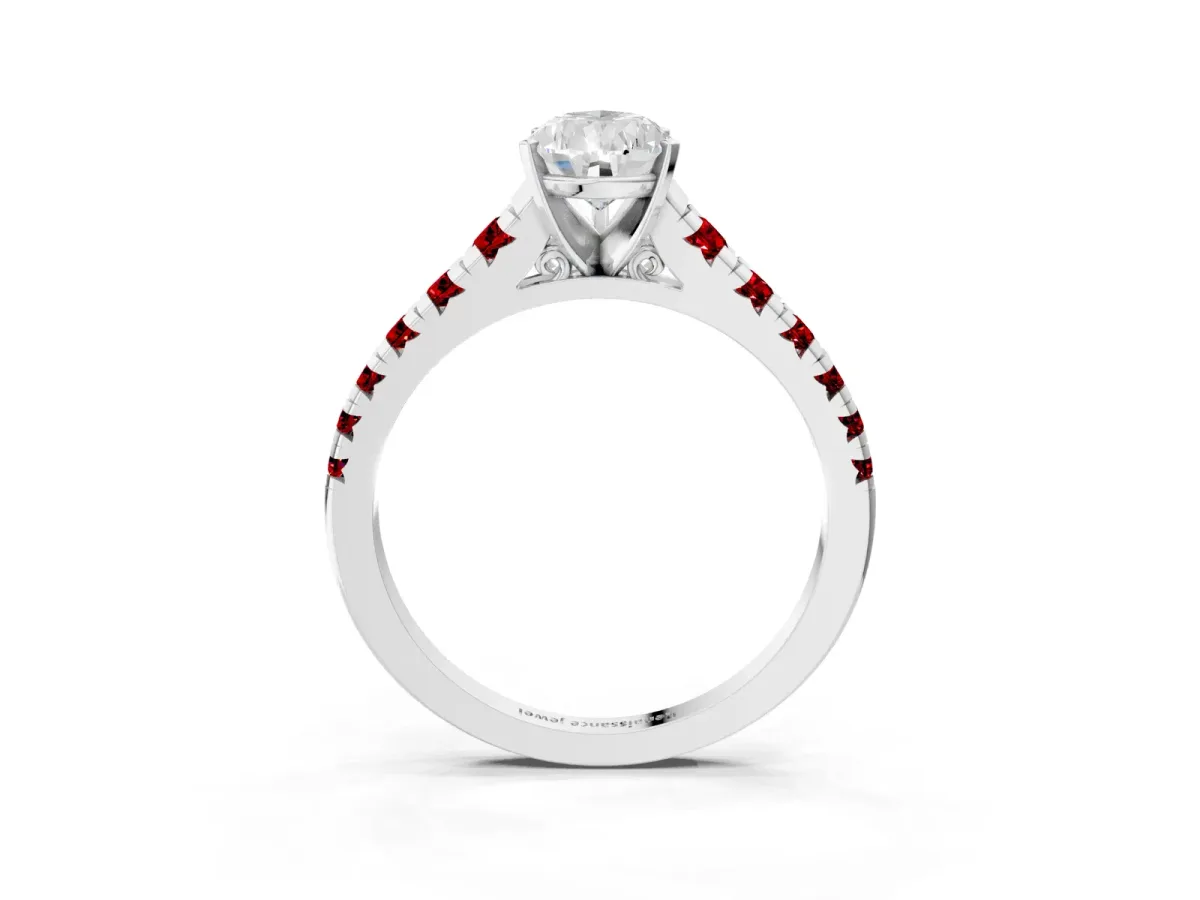 Pear Cut Diamond Cathedral Solitaire Ring with Round Ruby Pavé Band Silver