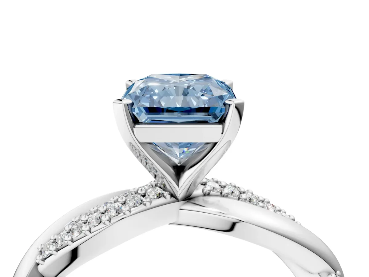 Fancy Blue Radiant Cut Solitaire Twist Band with Pave Prong Setting Platinum