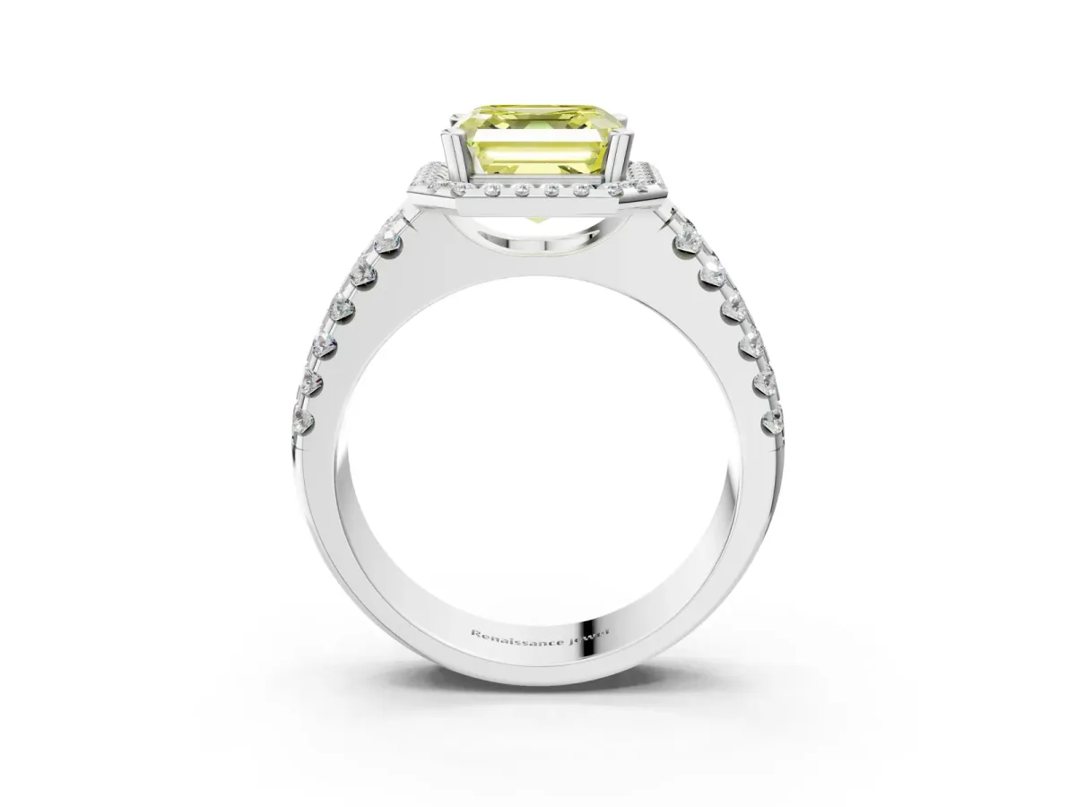 Fancy Yellow Asscher Cut Halo Diamond Split Shank Engagement Ring with Prong Setting Platinum