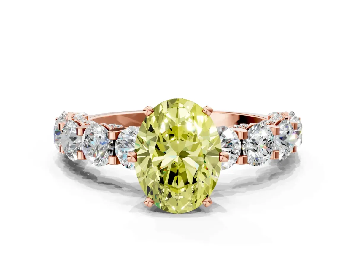 Fancy Yellow Oval Cut Diamond Side Stone Engagement Ring with Four-Prong Setting Rose gold